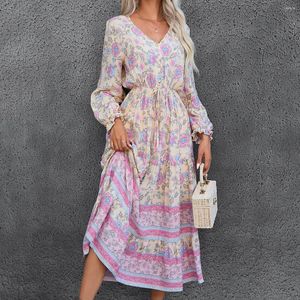 Casual Dresses Happie Queens Women Floral Print Beach Bohemian Maxi Ladies Deep V Neck Front Button Rayon Boho Dress Vestidos