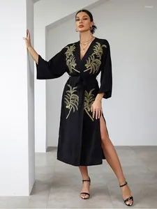 Black Bohemian Embroidery Women's Cardigan Long Tunic Kimono Oversized Beach Wear Swimsuit Cover-up Robe Outfit Q1593