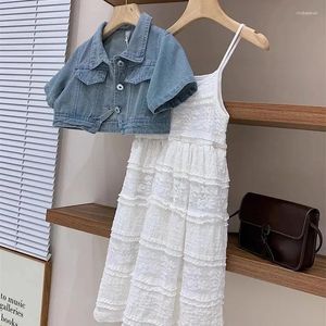 Clothing Sets Girls Summer Set Teenage Bubble Sleeves Short Denim Cardigan Jacket Lace Suspender Skirt Children's