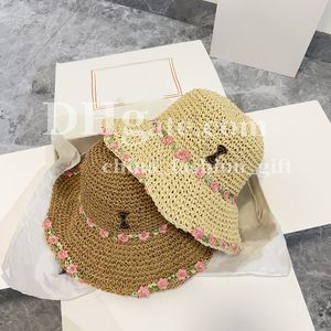 Chapéu de palha de férias luxo chapéu de balde de flores doces para mulheres verão grama de sol com tecido de travessa de férias de férias chapéu