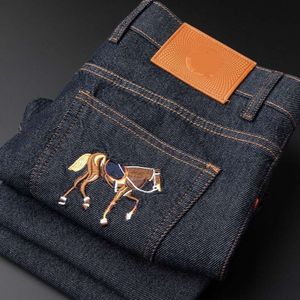Light European Summer New Blue Men's Jeans with Trendy Embroidery H-horse Slim Fit Small Straight Leg Casual Pants for Men