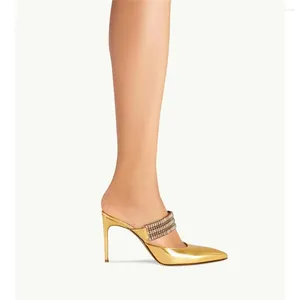 Slippers 2024 Summer Fashion Fashion High Stiletto Heel Ponto Toe Metal Sexy com Diamond/Rhinestone