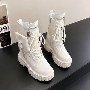 Stiefel mittlerer Kalfquadrat Ferse modern für Frauen 2024 Modes solide runde Zehen Damenschuhe Winter laec-up pu