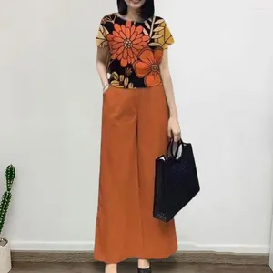 여성용 바지 여성 최고 세트 가벼운 꽃 프린트 티셔츠 넓은 다리가있는 통근 탄성 탄성 통근