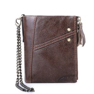 Wallets RFID Luxury Designer Wallets for Men Chains Double Zippers Pocket Genuine Leather Men's Wallet Cards Holder Coins Purse