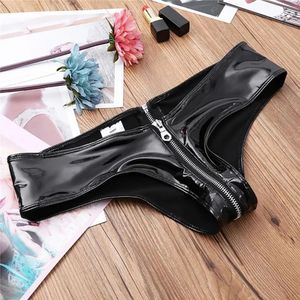 Frauen Slips Reißverschluss Offener Schritt Low Taille Solid Farbe glänzende Kunstleder -Unterhose Mini Höschen 240419