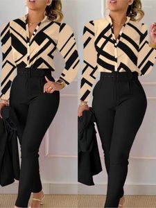 Women's Two Piece Pants Elegant Women Printed Suit Sets Spring Autumn V Neck Long Sleeve Shirt Top & Set With Belt Workwear Outfits