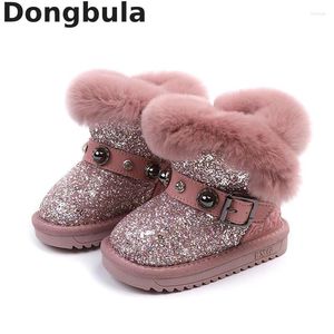 Botas 2024 Inverno crianças neve garotas lantejas de couro sapatos de algodão crianças quentes de pelúcia para