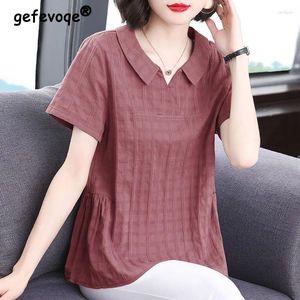 Kvinnors blusar 2024 Summer Women Korean Fashion Plaid Elegant Blue Casual Solid Loose Cotton Shirt Simple Short Sleeve Tops Blusa Para Para