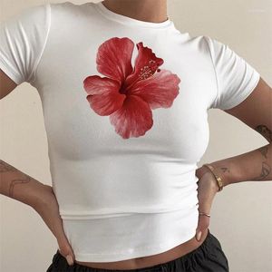 Koszule damskie y2k estetyczne lato Slim Crop Top Flower Druku