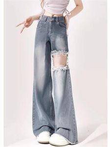 Jeans feminino renda splicing hollow out design cool gar entre as calças de estilo doce de estilo de verão feminino feminino santage calça angustiada