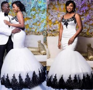 2020 New Black Lace Appliqued Mermaid Wedding Dress African Black and White Satin Tulle brudklänningar Vestidos de Novia Fabulous SI3801599