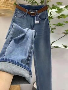 Jeans femininos de cintura alta calças de perna larga Primavera e outono elástico elástico reto de jeans para mulheres