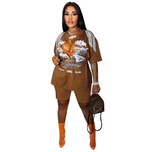 Kvinnor Tracksuits Designer Summer Hip Hop Two Piece Set Women Outfits Short Sleeve Tassels Split T-shirt och Shorts Print Sportswear S DH6A4