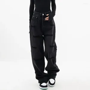 Jeans femininos Mulheres Caustra alta perna larga perna preta calça preta feminina 2024 Primavera de bordado com letras de bordado com letras