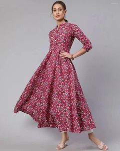 Roupas étnicas mulheres rosa floral A-line Kurti Dress Top Tunic Pakistani