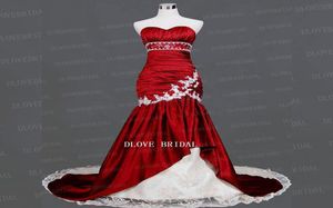 Vintage Dark Red White Mermaid Wedding Dress Strapless Sweetheart Ruched Beaded Lace Appliques Bridal Dresses High Quality Colorfu8807436