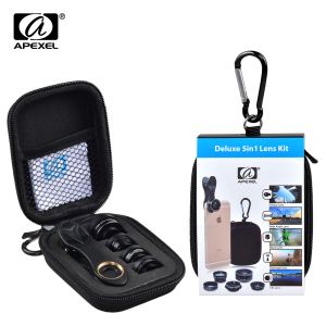 Filtry Apexel 5 w 1 Zestaw obiektywu aparatu HD Fisheye soczewki+0,63x szeroki kąt+15X Makro obiektyw+2x teleobiektyw+CPL obiektyw dla iPhone'a Samsung DG5