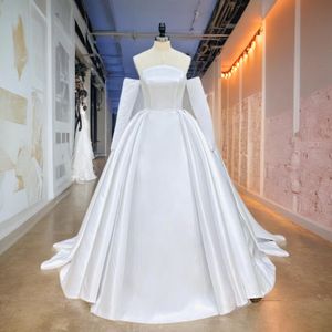 Hire Lnyer Off The Shoulder Long Sleeve Strapless Neck Satin Lace Up Back Simple Ball Gown Wedding Dresses Real Office Photos