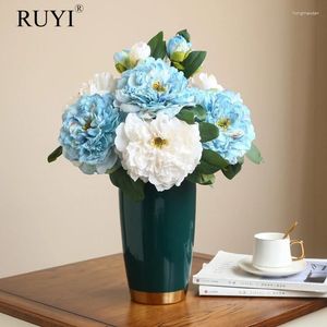 Decorative Flowers 2Heads Peony Artificial Flower Branch Burnt Edge Silk Bouquet With Leaf Wedding Floral Arrangement Ornament Home Table