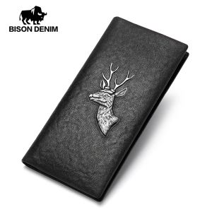 Carteiras bison jeans jeans genuíno couro de couro comprido de carteira longa masculina nova marca designer marca de luxo com costa de gola hanflem women burse wallet