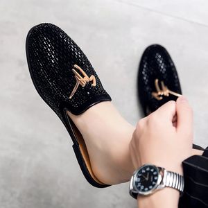 Luxury Diamond Men Slipper Mules Backless Loafers Men Leather Shoes Retro Flat Heel Party Slippers Slip On Shoes Chaussure Homme 240409