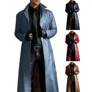 Casacos de trincheira masculina jaqueta masculina de vento elegante casaco de couro falso com design de gola virada para baixo