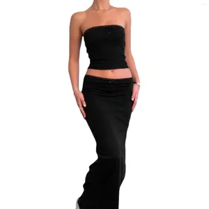 ワークドレスプロルサマーカジュアル2ピースベストスカートセット女性レーストリムストラップレスチューブトップとロングペンシルビーチストリートウェアの衣装
