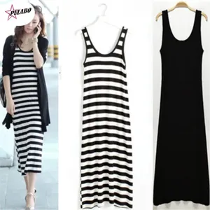 Casual Dresses PULABO Korean Style Summer Bottoming Small Black Modal Vest And White Striped Sleeveless Home Beach Female Robe Dress