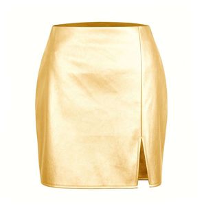 Metal PU 2024 Split Leather Sexy High Waist Zipper Wrapped Hip Short Skirt Women's