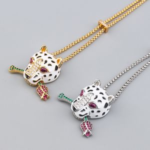 leopard silver diamond long 18k gold pendant necklaces for women chain link silver trendy Sweater designer jewelry Party Wedding gifts girl wife Engagement cool