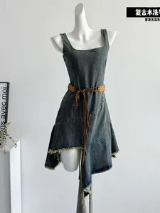 Casual Dresses Design Elegant Denim Dress Off Shoulder Party With Belt A-Line Office Lady Square Collar One-Piece Frocks Blue Chic