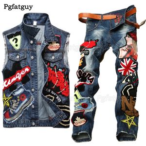 Mens 2-Piece Motorcycle Jeans Sets Sequin Embroidery Beauty Letter Badge Denim Vest Straight Slim Stitched Jeans 240415