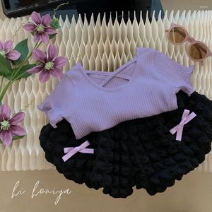 Clothing Sets Children's Summer Two-piece Set Girl's Contrasted Short Ruffles Sleeves Cross Design O-neck T-shirt Bow Elastic Puff Mini