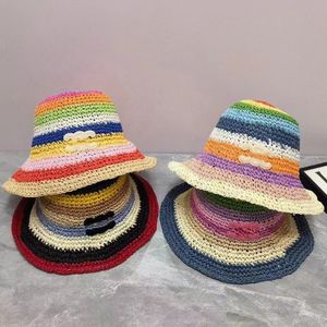 Fashion Rainbow Color Matching Designer Color Blocking Straw Hat Fisherman Hat Ladies Beach Sun Hat Travel Photo Foldable Handmade Bucket Cap