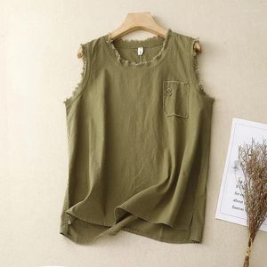 Women's Tanks Loose Sleeveless T-shirt Linen O-Neck Burr Edge Design Fashion & Camis Casual Versatile Army Green Tank Top Summer 2024