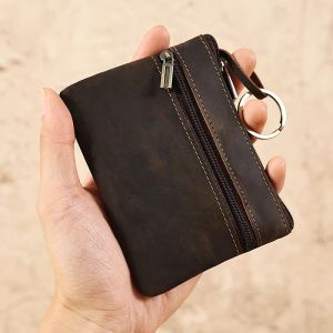 Purses Crazy Horse Leather Short Small Money Bag Cred Card Holder Portable Coin Cash Keys Storage Bags Retro Slim Zipper Pouch Wallet