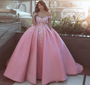 Off Shoulder Pink Formal Evening Gowns 2019 Princess 3D Handmade Flowers Satin Prom Ball Party Dresses Women Celebrity Red Carpet 3457566