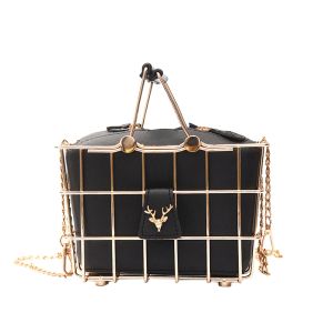 Bolsas retro elegante veado de cervo cesta de metal estilo preto couro pu de feminino bolsa bolsa de festa punk bolsa de ombro de bolsa feminina