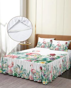 ベッドスカートインスタイルトロピカル植物花フラミンゴ枕カバーで装備されたベッドカバーマットレスカバーベッドセットシート