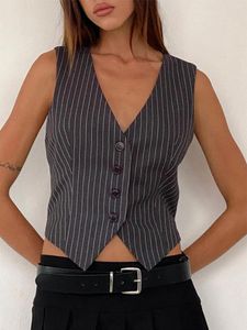 Kvinnors västar 2024 Fashion Pinstripe Vest Dam är ärmlös V Neck -knappen Outwear Gilet för Casual Street