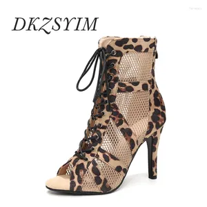 Sapatos de dança Dkzsyim Woman Latin Leopard Party Boots for Ladies High Heels Mesh Girls Ballroom Stilettos Sexy