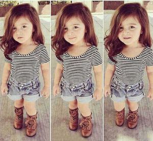 Baby Girls Boutique Kleidung Set Strip Tops Denim Shorts Hosen für Sommerkinder Schwarze BodySuit Kinder Kleidung Cool Outfit Set Play3083131