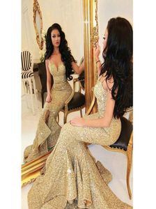 2016 Gold Sequined Prom Dresses Real Images Sexy Sweethart Long Mermaid Evening Gowns Front Slit Ruffles Bling Prom Gowns3905958