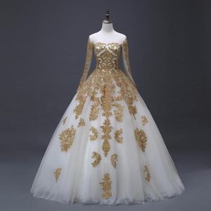 Arabische Gold -Applikationen Ballkleid Brautkleider mit langen Ärmeln Neue echte Pos Prinzessin Dubai Hochzeitskleider Custom Made2135200