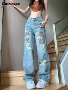 Frauen Jeans Cotvotee Vintage Ripped for Women 2024 Fashion Lose Casual Chic Reißverschlussbrief Streetwear Taschen Taschen