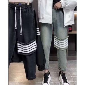 Spring and Autumn Korean Harajuku Simple and Loose, Broken Hole Straight Leg Jeans, Wide Leg Pants, Men's and Women's Trendy Cropped Pants