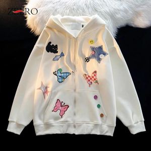 여성용 후드 가을 봄 여성 느슨한 만화 자수 후드 탑 탑 여성 캐주얼 Zip Up Hoodie Coats Kawaii Close Sweatshirts Harajuku