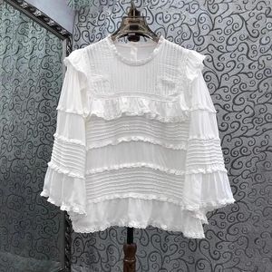 Женские блузки Blusas Feminino 2024 Весна Summer Summer Fashion Top Top Высококачественная женская кружевная вышивка Каскадная рюша Floral White Black