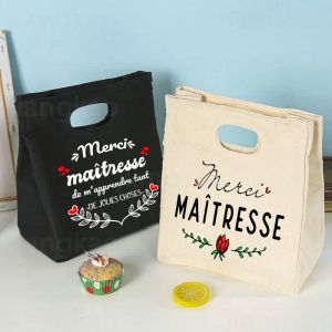 Bags French Print Ice Cream Cooler Bags Lunch Bag Portable Insulated Canvas Bento Tote Thermal School Food Storage Pouch Teacher Gift